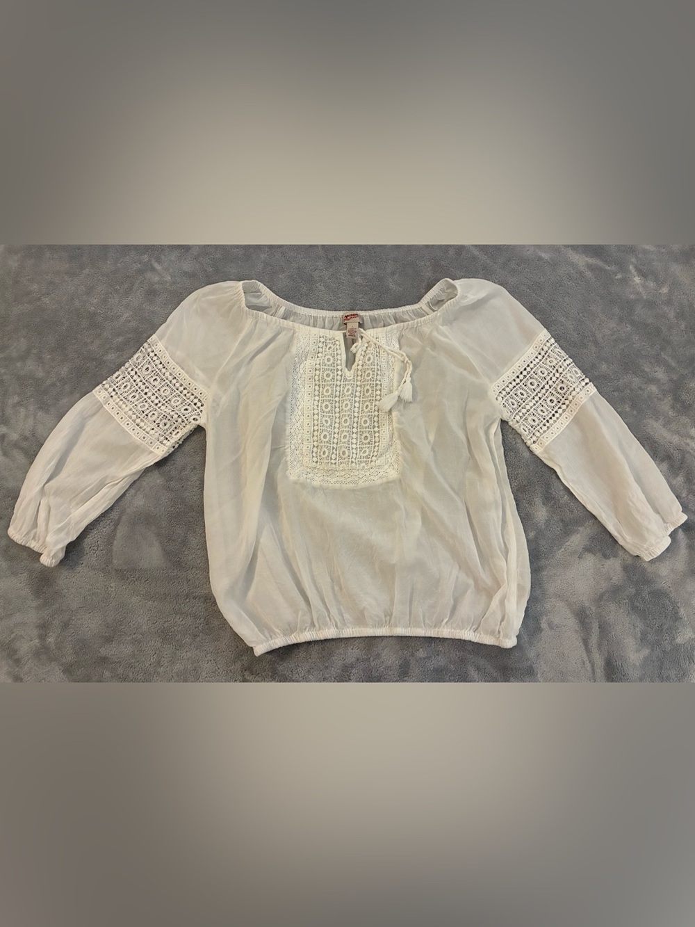 Women’s Arizona Jean Company White Boho Peasant Blouse with Lace Panels Size L